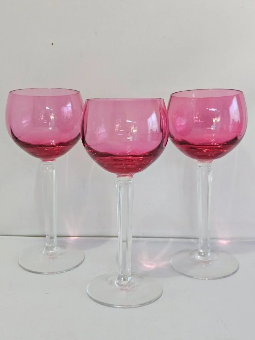 Cranberry Pink Wine Glasses Set/3 Mid Century Modern Vintage Cocktail Goblets Fa - Picture 9 of 9